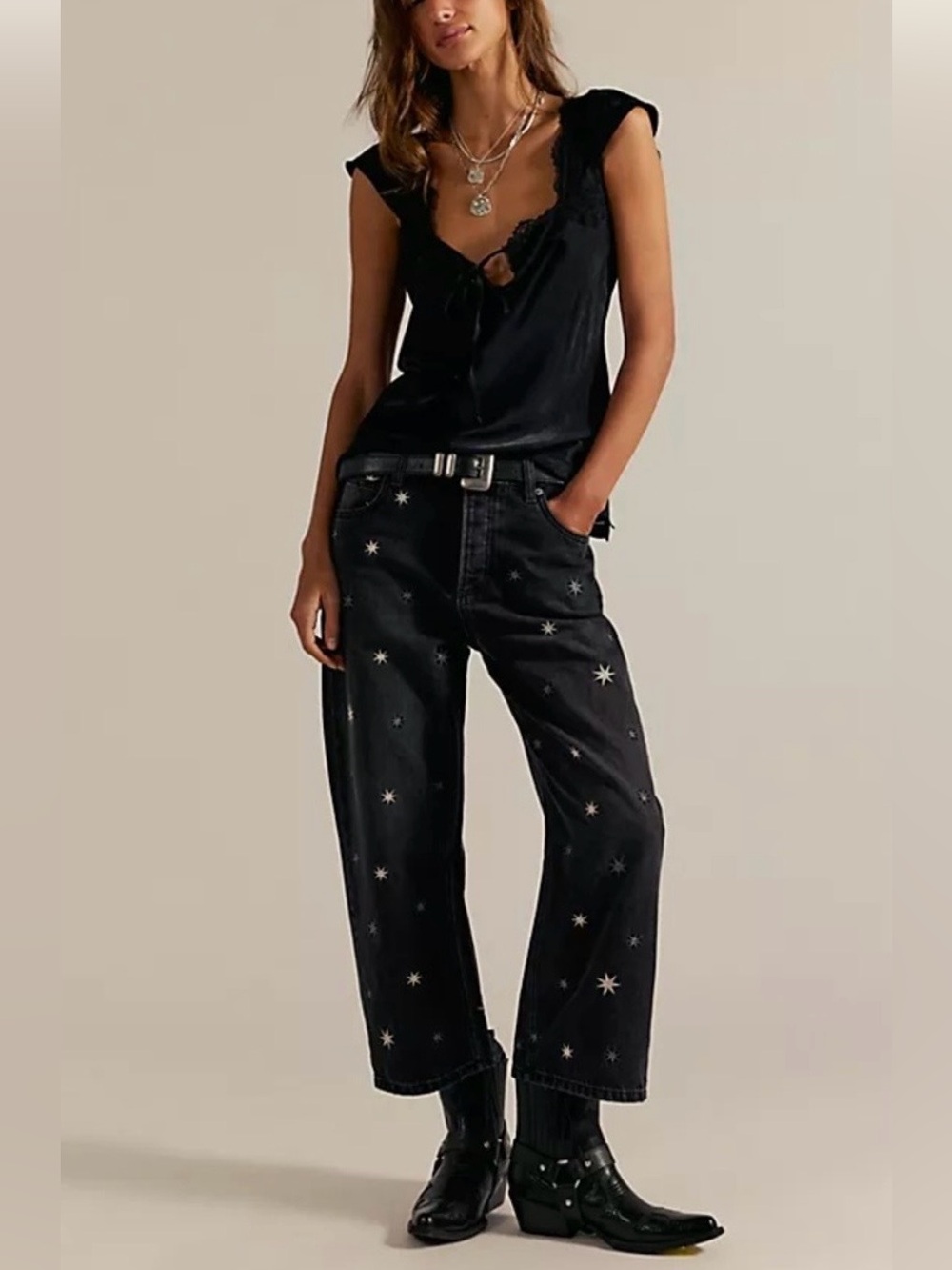 Free People Deep Trance Shine Embroidered Stars Dropped Boyfriend Jeans Size 24